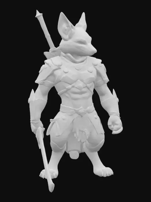 3D model for imagine an anthropomorphic  white fox SWORDSMAN in futuristic sci-fi style. Use metalic material mixed with leather material and Red Glowing ornaments. Muscular. High defined texture. High quality surface. Hard surface. Professional. Masterpiece. Detailed. Game character. Octane render.