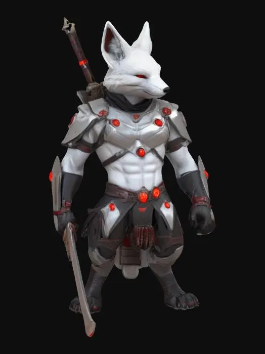 3D model for imagine an anthropomorphic  white fox SWORDSMAN in futuristic sci-fi style. Use metalic material mixed with leather material and Red Glowing ornaments. Muscular. High defined texture. High quality surface. Hard surface. Professional. Masterpiece. Detailed. Game character. Octane render.