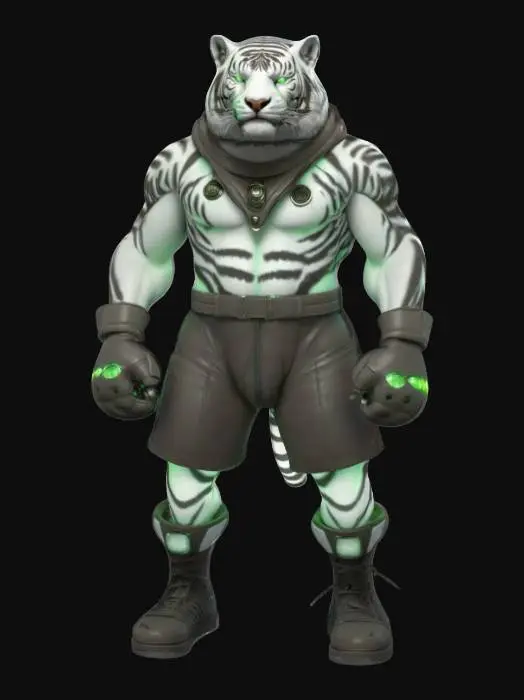 3D model for imagine an anthropomorphic white tiger, boxer, in futuristic sci-fi style. Use mixed leather material and greenish Glowing ornaments. Muscular. High defined texture. High quality surface. Hard surface. Professional. Masterpiece. Detailed. Game character. Octane render.