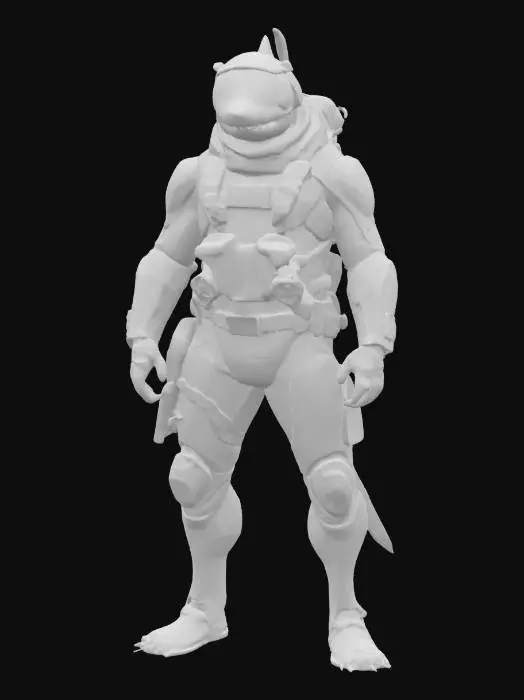 3D model for imagine an anthropomorphic shark, air force pilot, in futuristic sci-fi style. Use mixed material and Glowing ornaments. Muscular. High defined texture. High quality surface. Hard surface. Professional. Masterpiece. Detailed. Game character. Octane render.