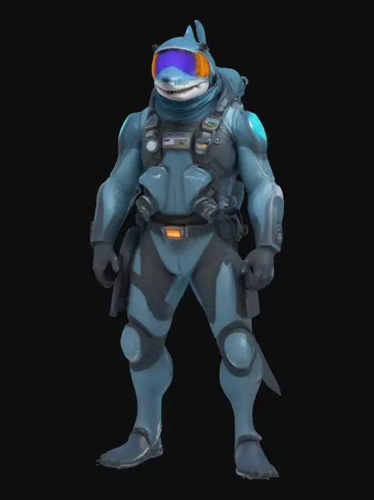3D model for imagine an anthropomorphic shark, air force pilot, in futuristic sci-fi style. Use mixed material and Glowing ornaments. Muscular. High defined texture. High quality surface. Hard surface. Professional. Masterpiece. Detailed. Game character. Octane render.