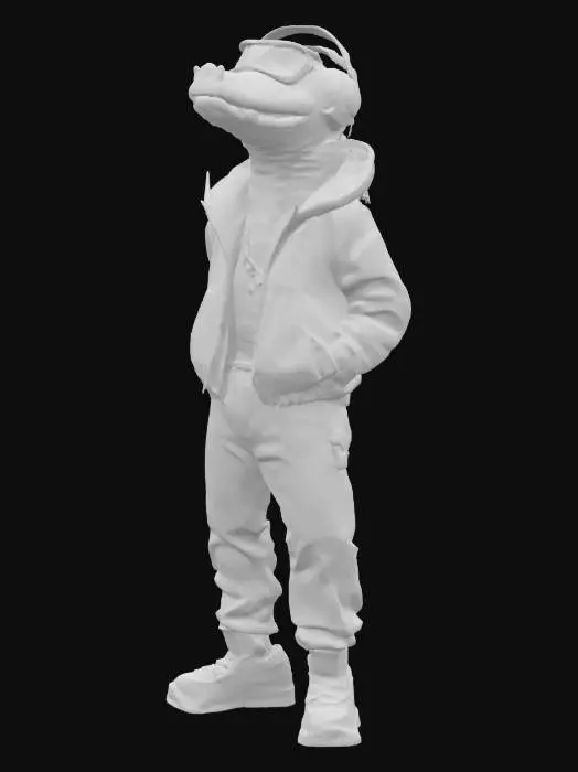 3D model for imagine an anthropomorphic aligator, hip hop street wear, in futuristic sci-fi style. Use mixed materials and Glowing ornaments. High defined texture. High quality surface. Hard surface. Professional. Masterpiece. Detailed. Game character. Octane render.