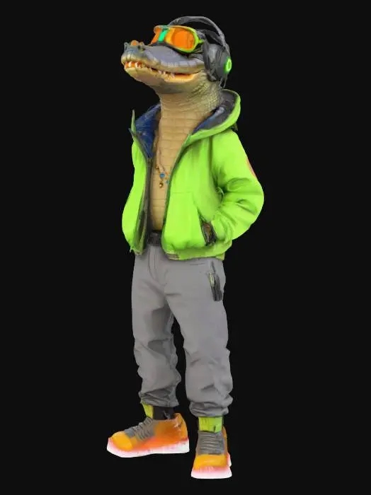 3D model for imagine an anthropomorphic aligator, hip hop street wear, in futuristic sci-fi style. Use mixed materials and Glowing ornaments. High defined texture. High quality surface. Hard surface. Professional. Masterpiece. Detailed. Game character. Octane render.