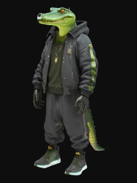 3D model for imagine an anthropomorphic aligator, hip hop street wear, in futuristic sci-fi style. Use mixed materials and Glowing ornaments. High defined texture. High quality surface. Hard surface. Professional. Masterpiece. Detailed. Game character. Octane render.