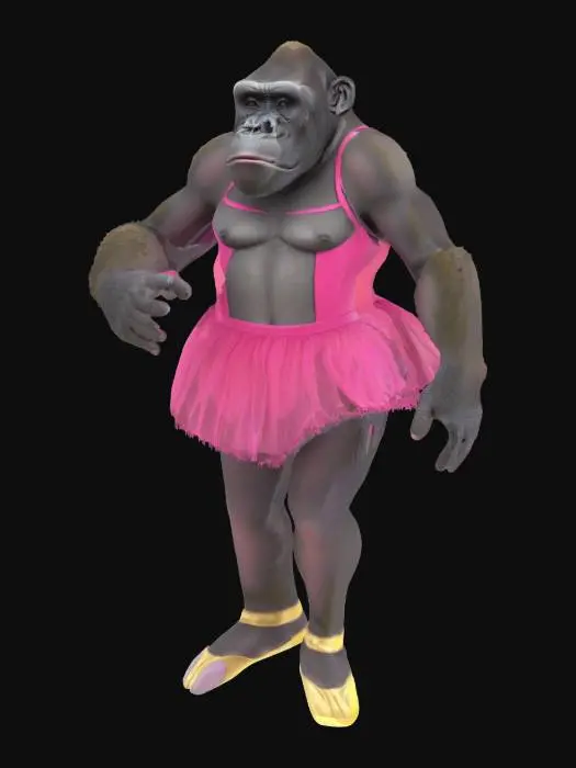 3D model for imagine an anthropomorphic gorilla, wearing pink ballet dress. High defined texture. High quality surface. Hard surface. Professional. Masterpiece. Detailed. Game character. Octane render.
