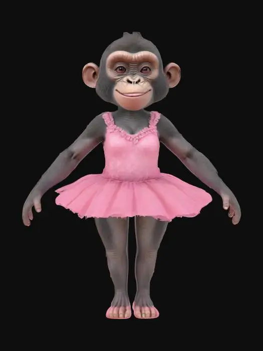 3D model for imagine an anthropomorphic gorilla, wearing pink ballet dress. High defined texture. High quality surface. Hard surface. Professional. Masterpiece. Detailed. Game character. Octane render.