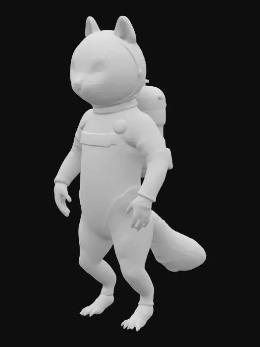 3D model for Imagine a anthropomorphic squirrel in a form-fitting silver-white wetsuit with glowing blue lines. A clear bubble-like helmet covers its head, showing its twitching nose and bright eyes. Tiny webbed gloves are on its paws and it has a small oxygen tank on its back with a sleek design. The suit has small integrated fins on the ankles and wrists for better maneuverability. The overall look is high-tech and adapted for a small agile creature. #ocean#