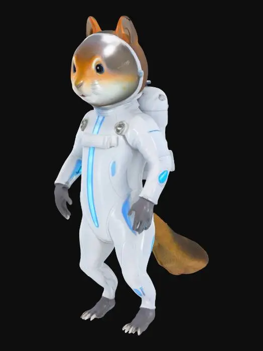 3D model for Imagine a anthropomorphic squirrel in a form-fitting silver-white wetsuit with glowing blue lines. A clear bubble-like helmet covers its head, showing its twitching nose and bright eyes. Tiny webbed gloves are on its paws and it has a small oxygen tank on its back with a sleek design. The suit has small integrated fins on the ankles and wrists for better maneuverability. The overall look is high-tech and adapted for a small agile creature. #ocean#