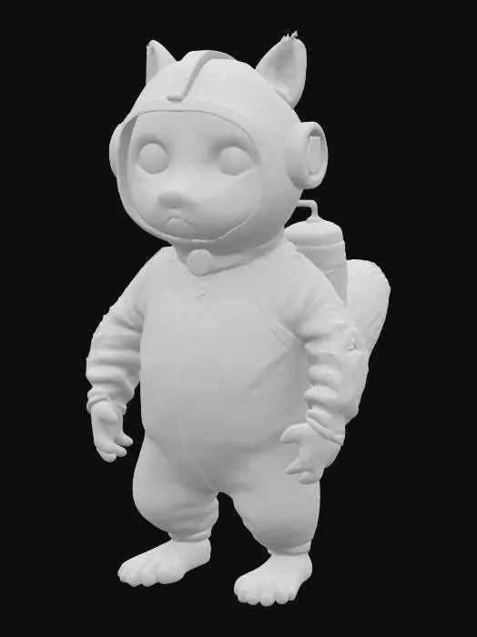 3D model for Imagine a Cartoonish anthropomorphic squirrel in a form-fitting silver-white wetsuit with glowing blue lines. A clear bubble-like helmet covers its head, showing its twitching nose and bright eyes. Tiny webbed gloves are on its paws and it has a small oxygen tank on its back with a sleek design. The suit has small integrated fins on the ankles and wrists for better maneuverability. The overall look is high-tech and adapted for a small agile creature. #ocean#