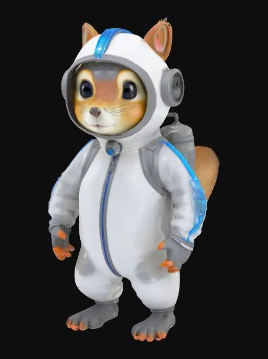 3D model for Imagine a Cartoonish anthropomorphic squirrel in a form-fitting silver-white wetsuit with glowing blue lines. A clear bubble-like helmet covers its head, showing its twitching nose and bright eyes. Tiny webbed gloves are on its paws and it has a small oxygen tank on its back with a sleek design. The suit has small integrated fins on the ankles and wrists for better maneuverability. The overall look is high-tech and adapted for a small agile creature. #ocean#