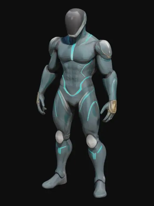 3D model for A human-like timetraveler figure, clad in a sleek, form-fitting suit made of advanced, semi-reflective synthetic fabric. The suit shimmers with deep obsidian and metallic charcoal tones, featuring subtle, integrated glowing teal lines that trace along the limbs and torso. Segmented, matte silver armor plating protects the shoulders and knees, exhibiting a finely brushed texture. Their posture is poised and lean, with a complex, wrist-mounted device on one arm, its smooth, dark surface embedded with small, glowing orange indicators.