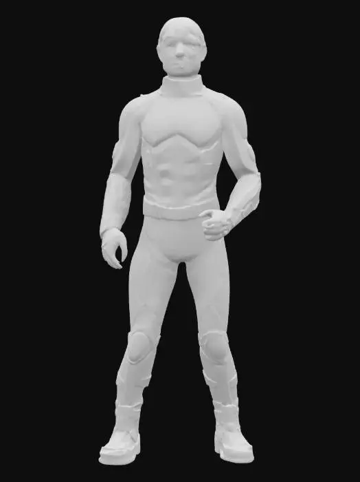 3D model for A human-like timetraveler figure, clad in a sleek, form-fitting suit made of advanced, semi-reflective synthetic fabric. The suit shimmers with deep obsidian and metallic charcoal tones, featuring subtle, integrated glowing teal lines that trace along the limbs and torso. Segmented, matte silver armor plating protects the shoulders and knees, exhibiting a finely brushed texture. Their posture is poised and lean, with a complex, wrist-mounted device on one arm, its smooth, dark surface embedded with small, glowing orange indicators.