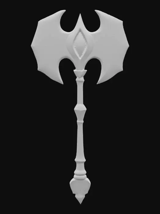 3D model for A stylized, double-bladed axe with a polished bronze handle, featuring golden metallic accents at the pommel and shaft. The axe head boasts two bright luminous white blades with sharp edges. Between the blades, a blue central panel with a subtle metallic sheen is adorned with intricate white low-poly runic patterns and golden decorative elements, including a small blue gem at the center. The overall aesthetic is clean and geometric. Low poly. Game assets. Hard surface. Perfect geometry. High definition texture. Soft light.