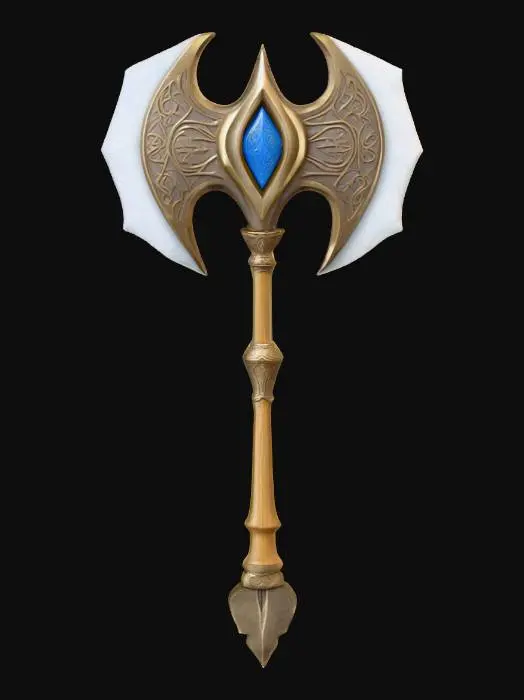 3D model for A stylized, double-bladed axe with a polished bronze handle, featuring golden metallic accents at the pommel and shaft. The axe head boasts two bright luminous white blades with sharp edges. Between the blades, a blue central panel with a subtle metallic sheen is adorned with intricate white low-poly runic patterns and golden decorative elements, including a small blue gem at the center. The overall aesthetic is clean and geometric. Low poly. Game assets. Hard surface. Perfect geometry. High definition texture. Soft light.