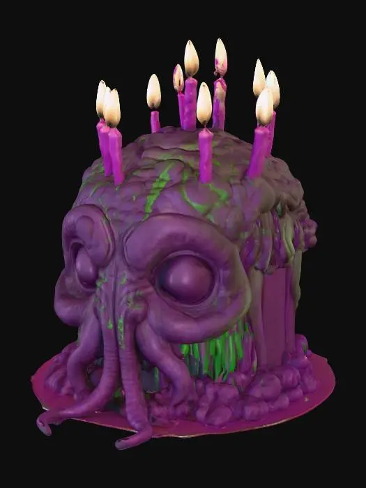 3D model for Imagine a Cthulhu head over a cake. The cake has a purple cream in the filling and a greenish batter. Put some birthday candles on top. Alien #food#. Ultra realistic. UHD 8K.