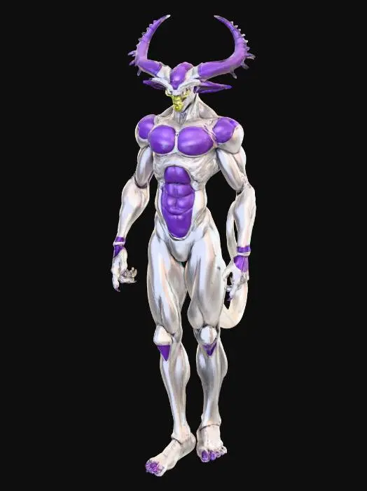 3D model for A highly detailed 3D model of Frieza in his final form from Dragon Ball Z, depicted as a sleek and muscular alien humanoid with smooth white skin accented by glossy purple bio-armor plates on the head, shoulders, chest, forearms, and shins. He has a streamlined, elongated head with two short black horns curving upwards, red glowing eyes without pupils, a small mouth with sharp teeth, no visible nose, and a long prehensile tail ending in a sharp purple tip. His body is athletic and compact, with defined muscles, three-toed feet, and four-fingered hands. Pose him in a dynamic floating stance with arms crossed confidently, one leg slightly bent, exuding an aura of arrogance and power. Style in high-fidelity anime realism with PBR textures, high-poly mesh. #villain#