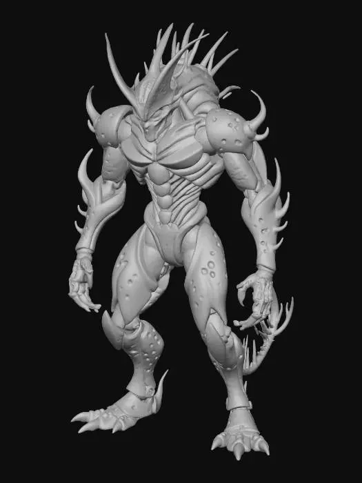 3D model for tall, bio-engineered humanoid with a sleek, insect-like appearance. His body features a green and black exoskeleton with dark green spots, segmented armor plates on the chest, shoulders, and thighs, and a smooth, glossy finish. His head has a crown-like crest with two horn-like protrusions, black lips, and piercing orange eyes with slit pupils. Include a long, segmented tail with a sharp stinger tip, capable of absorbing energy. His arms are muscular with clawed, three-fingered hands, and his legs end in three-toed feet. Pose him in a dynamic, battle-ready stance with one arm extended forward, palm open, and the other bent, exuding confidence and menace. Add a subtle, glowing green aura around him to emphasize his power. Style in high-fidelity anime realism. #villain#,