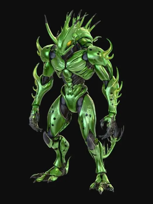3D model for tall, bio-engineered humanoid with a sleek, insect-like appearance. His body features a green and black exoskeleton with dark green spots, segmented armor plates on the chest, shoulders, and thighs, and a smooth, glossy finish. His head has a crown-like crest with two horn-like protrusions, black lips, and piercing orange eyes with slit pupils. Include a long, segmented tail with a sharp stinger tip, capable of absorbing energy. His arms are muscular with clawed, three-fingered hands, and his legs end in three-toed feet. Pose him in a dynamic, battle-ready stance with one arm extended forward, palm open, and the other bent, exuding confidence and menace. Add a subtle, glowing green aura around him to emphasize his power. Style in high-fidelity anime realism. #villain#,