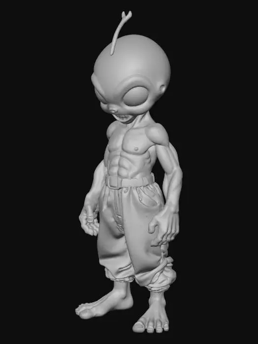3D model for a small, lean, and muscular humanoid with smooth, bubblegum-pink skin and a glossy texture. His head is bald with a single antenna-like protrusion curving backward, black sclera with red pupils, and small, pointed ears. His face has a mischievous, menacing grin with sharp teeth. His body is compact yet powerful, with defined muscles, four-fingered hands, and three-toed feet. He wears loose white pants with a black belt and golden buckle, with no shirt, showcasing his lean physique. Pose him in an erratic, floating combat stance, with one arm bent and fist clenched, the other extended as if preparing an energy attack, exuding chaotic energy. Style in high-fidelity anime realism with PBR textures, high-poly mesh for smooth surfaces and sharp details. #villain#