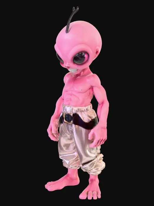 3D model for a small, lean, and muscular humanoid with smooth, bubblegum-pink skin and a glossy texture. His head is bald with a single antenna-like protrusion curving backward, black sclera with red pupils, and small, pointed ears. His face has a mischievous, menacing grin with sharp teeth. His body is compact yet powerful, with defined muscles, four-fingered hands, and three-toed feet. He wears loose white pants with a black belt and golden buckle, with no shirt, showcasing his lean physique. Pose him in an erratic, floating combat stance, with one arm bent and fist clenched, the other extended as if preparing an energy attack, exuding chaotic energy. Style in high-fidelity anime realism with PBR textures, high-poly mesh for smooth surfaces and sharp details. #villain#