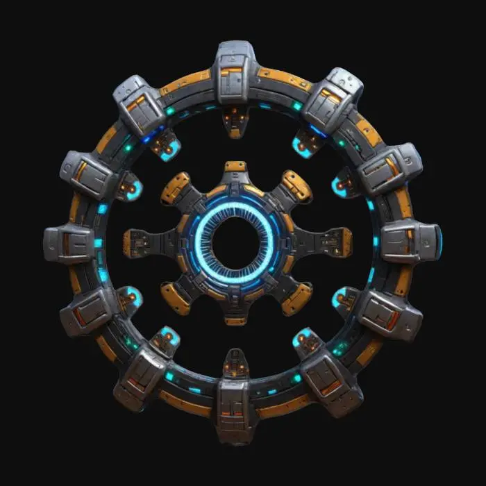 3D model for Imagine Cybernetic Chakram with visible electronic components and LED lights. Sci-fi Fantasy. High defined textures, Clean geometries, Clean design, Ensure the highest quality, Fantasy, Sci-fi, HDR. #ChronoForgeWeapon#