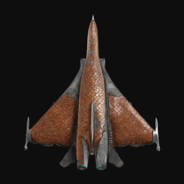 3D model for The shape is a Sukhoi Su-57 but its made of medieval materials like dragon scales and animal leather. Fuse the medieval with the futuristic. Low poly, Clean geometry, sharp edges, Fantasy, Sci-fi.
#ChronoForgeWeapon#