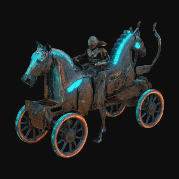 3D model for A sleek cyberpunk lightweight Egyptian war chariot. A robotic horse charge forward. The chariot's frame features intricate glowing hieroglyphic carvings. A single archer stands poised clad in a cybernetic armor gripping a composite bow. Wheels of steel and neon light. Clean geometry, HDR, High quality, defined textures, Well defined geometries, cyberpunk.
#ChronoForgeWeapon#