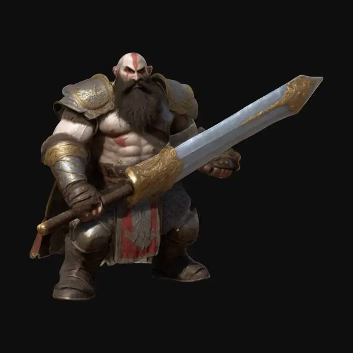 3D model for The image features a character who appears to belong to a fantasy or historical setting, depicted in a realistic art style. Rendered simulating God of War art-style, this individual is a Giant thin muscular man with dark brown beard and handlebar mustache wearing a well-ornamented heavy plate armor with intricate golden details, Wielding a huge broadsword.