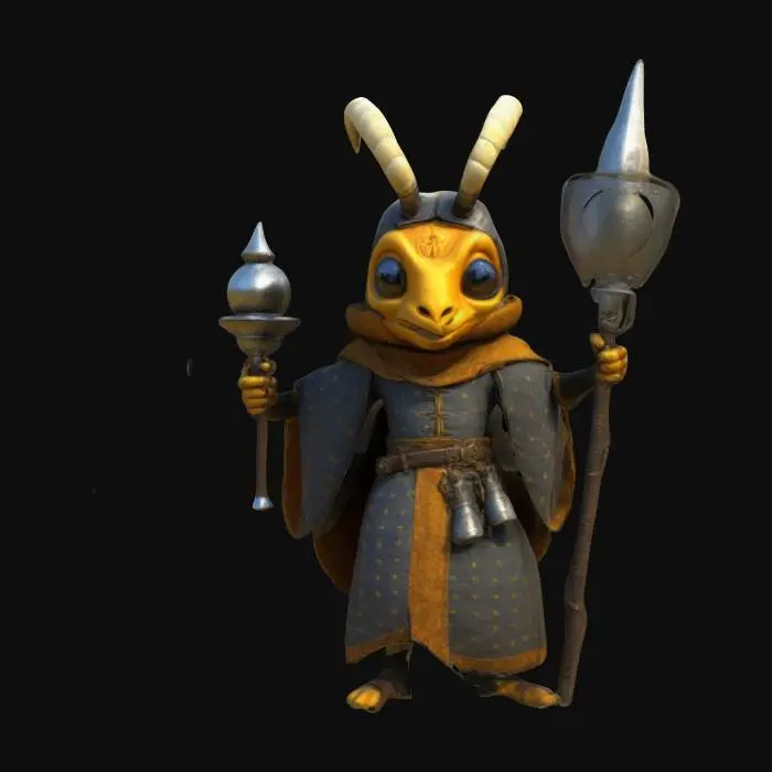 3D model for Imagine an anthropomorphic Hornet. It is a Medieval Mage. Cartoon character. Medieval Mage outfit and weapon. Clean texture, Sharp and clean geometry, Well defined texture, HDR, Fantasy.