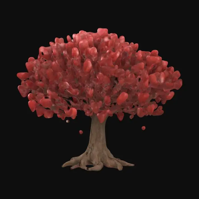 3D model for Create a majestic tree with branches adorned with heart-shaped fruits symbolizing love and connection inspired by Valentine's Day, #valentine#. The scene should evoke warmth and tenderness and the celebration of love with a hint of romantic ambiance. Clean texture, Sharp and clean geometry, Well defined texture, HDR.