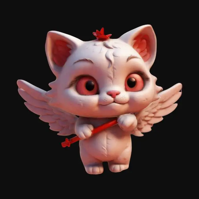 3D model for Anthropomorphic cupid kitty, Cartoon character, #valentine#. The scene should evoke warmth and tenderness and the celebration of love. Clean texture, Sharp and clean geometry, Well defined texture.