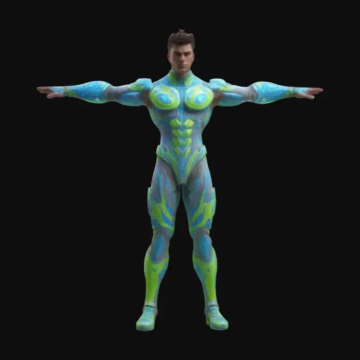 3D model for imagine a 3D character for a game. It is a muscular young man. Wearing a extremely complex patterned hi-tech outfit. The colors are lime green and luminescent blue, with pinkish intricate details and led lights. Standing in T pose. #game figure#. HDR. Hard surface. High quality. Clean geometry. Defined texture. Clean texture. Realistic. Game assets. LED lights. Ultra realistic texture.