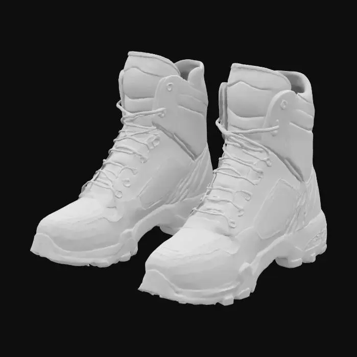 3D model for outstanding and uncommom designed sporty boots. Weird shapes and ugly mixed materials. Give it a unconventional striking visual. Represent the future of footwear. Get inspiration in abnormal shapes. red, black, white. High quality. Imaginative. Clean geometry. Well defined texture. Realistic material texture. HDR. Prototype.