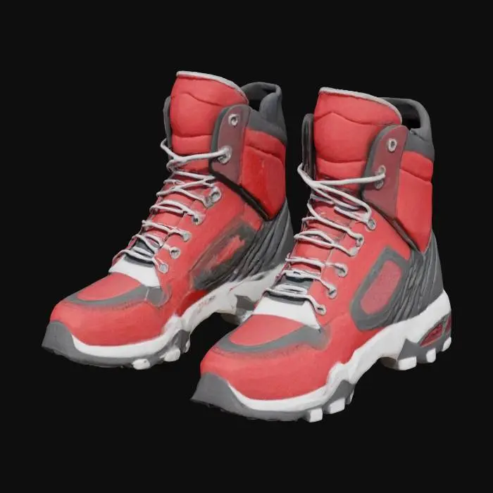 3D model for outstanding and uncommom designed sporty boots. Weird shapes and ugly mixed materials. Give it a unconventional striking visual. Represent the future of footwear. Get inspiration in abnormal shapes. red, black, white. High quality. Imaginative. Clean geometry. Well defined texture. Realistic material texture. HDR. Prototype.