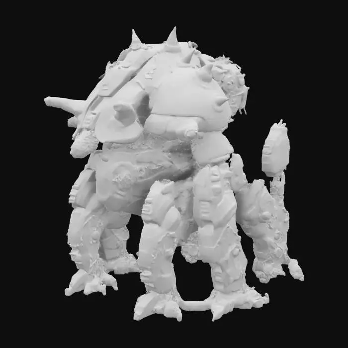3D model for a colossal desert monster boss with a thick, sand-colored exoskeleton, multiple legs for stability, and cybernetic enhancements such as energy cannons and a force field generator.