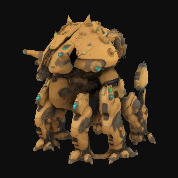 3D model for a colossal desert monster boss with a thick, sand-colored exoskeleton, multiple legs for stability, and cybernetic enhancements such as energy cannons and a force field generator.