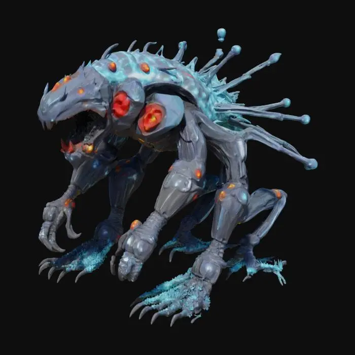3D model for a shapeshifting nanobot swarm boss for a futuristic RPG. The swarm should be capable of transforming into various forms such as a beast, a cloud, or a humanoid figure. It should have a metallic sheen with glowing LED lights, and be composed of countless tiny particles that can aggregate and disperse. The design should convey a sense of advanced technology and adaptability, fitting for a challenging boss encounter in a sci-fi setting.