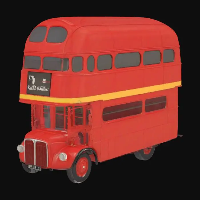 3D model for [England], A caricature of a classic red London double-decker bus, featuring accurate proportions, vintage design, rounded front, large windows, and an advertisement on the side. Include realistic textures for the red paint, black wheels, and interior details visible through the windows. Ensure the model includes the route number '15' and destination 'Tower Hill' on the front display. Comics. Fun. #AroundTheWorld#