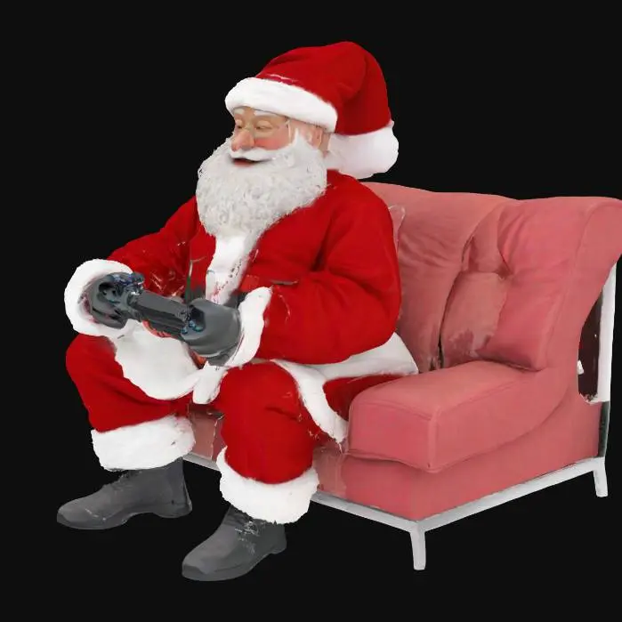 3D model for [North Pole]. Santa Claus sitting on a modern couch and playing video games on his Playstation 5. Cozy. #AroundTheWorld#