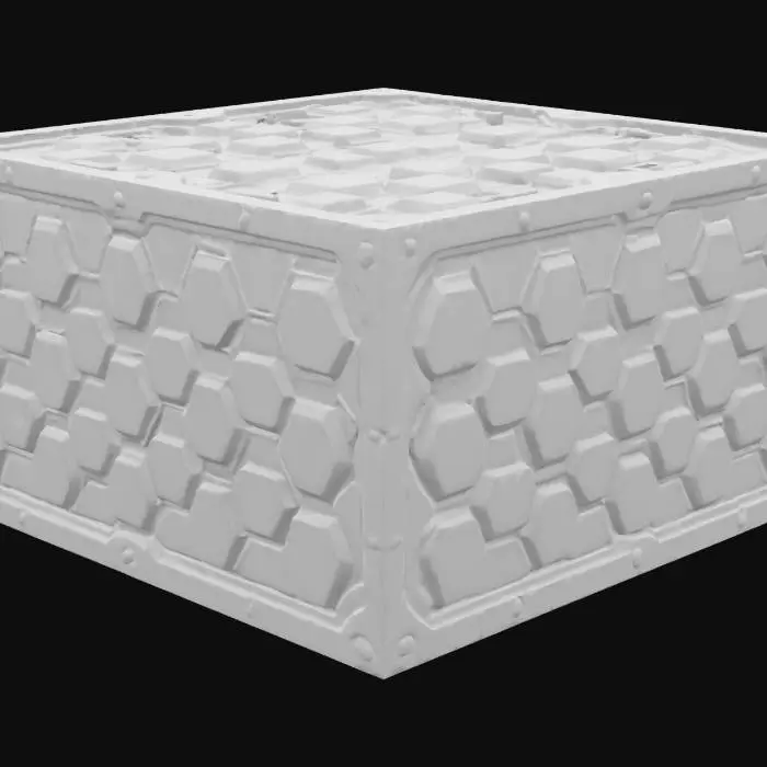 3D model for Sci-fi modular metal panel block, high-poly, clean industrial look, brushed steel PBR, hexagonal pattern embossed, glowing blue energy lines, tileable, 4096×4096 textures, emissive maps, beveled edges, ready for game engine
