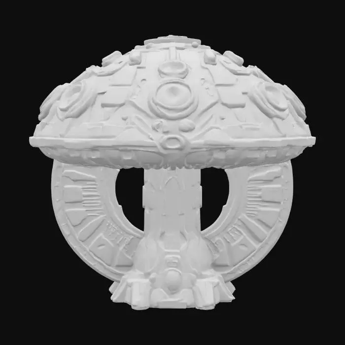 3D model for #emblem#. A mushroom intricately detailed as a war emblem. Futuristic and technological. High quality texture. High definition texture. Professional lighting. Hard surface. Meshy.