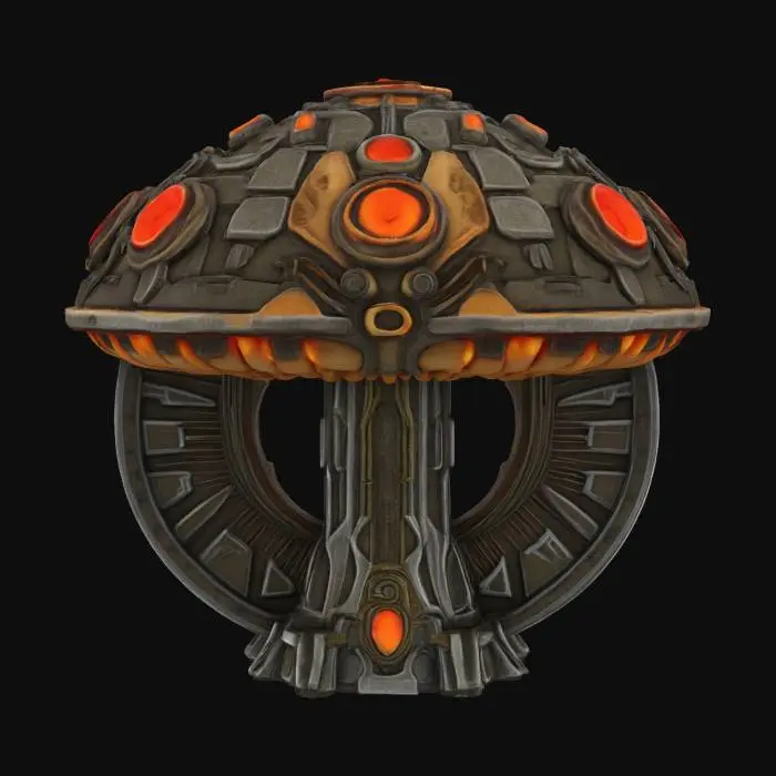 3D model for #emblem#. A mushroom intricately detailed as a war emblem. Futuristic and technological. High quality texture. High definition texture. Professional lighting. Hard surface. Meshy.