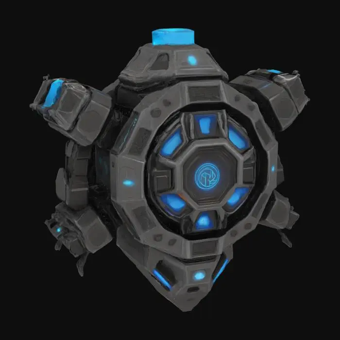 3D model for 3D #emblem#, intergalactic robotic faction. Multifaceted hexagonal base, dark metallic textures (gunmetal, brushed silver). Central glowing, pulsating energy core (electric blue or incandescent orange). Three stylized robotic arms or thick circuit patterns extending from core to hex edges, with depth and layered construction. Subtle engraved tech symbols or binary code on surfaces. Background hints of a distant nebula or starfield. High-tech, powerful, advanced AI aesthetic. Perfect texture. Hard surface. Sharp edges. Low poly. High definition. Realistic. Professional.
