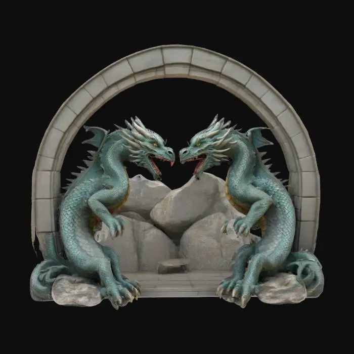 3D model for Imagine an #arch# made out of sculpted stones. It is made of two dragons circling themselves. Realistic.  Carved. Highly Detailed.