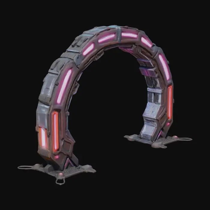 3D model for imagine an #arch# formed by two plasma cannons. Cyberpunk. Realistic. High definition. Professional quality. Hard surface.