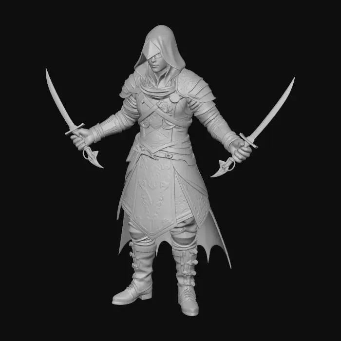 3D model for low poly assassin. He hold a dagger on each hand. The sharp blades have a shape that ressembles a dragon. He wears a leather armor with intricate details. Aparently he lives in the woods, hiding from the authorities. Game Assets, A-pose, Full Body