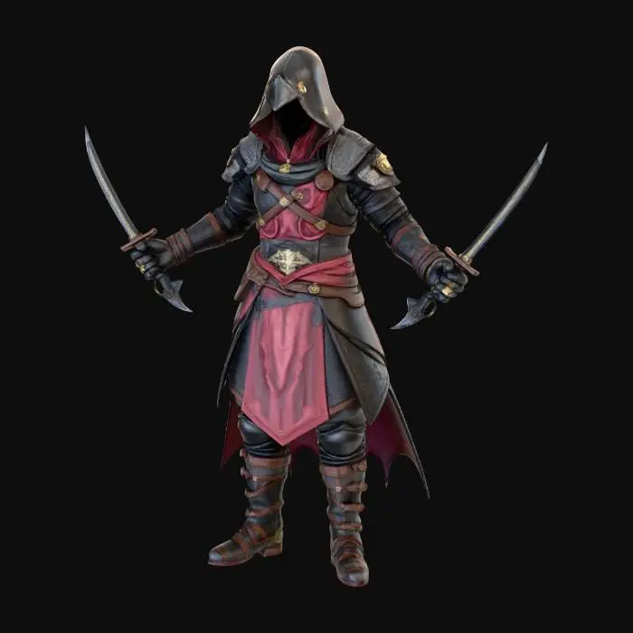 3D model for low poly assassin. He hold a dagger on each hand. The sharp blades have a shape that ressembles a dragon. He wears a leather armor with intricate details. Aparently he lives in the woods, hiding from the authorities. Game Assets, A-pose, Full Body