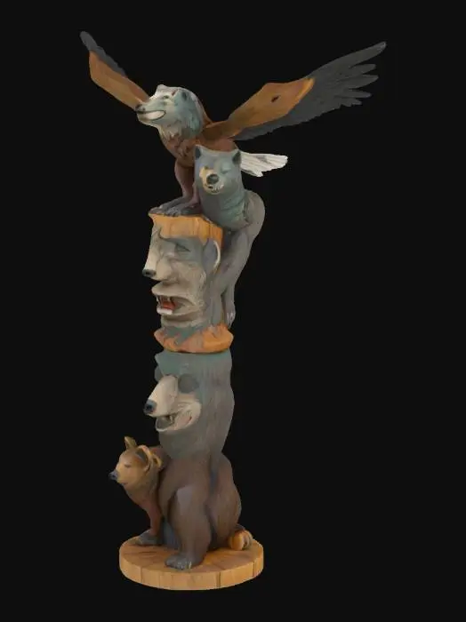 3D model for totem wilka, ptaka i niedźwiedzia
dolny segment to niedźwiedź na nim stoi wilk a na wilku stoi ptak 