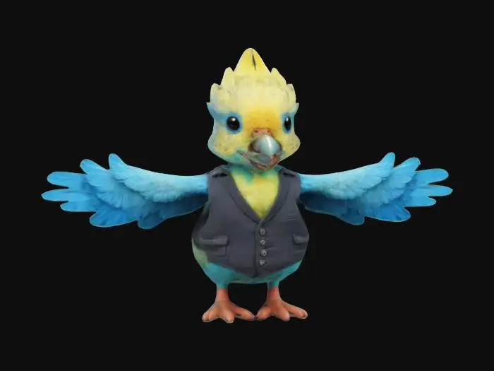 3D model for cartoonish budgie-man with huge head wearing a vest in t-pose
