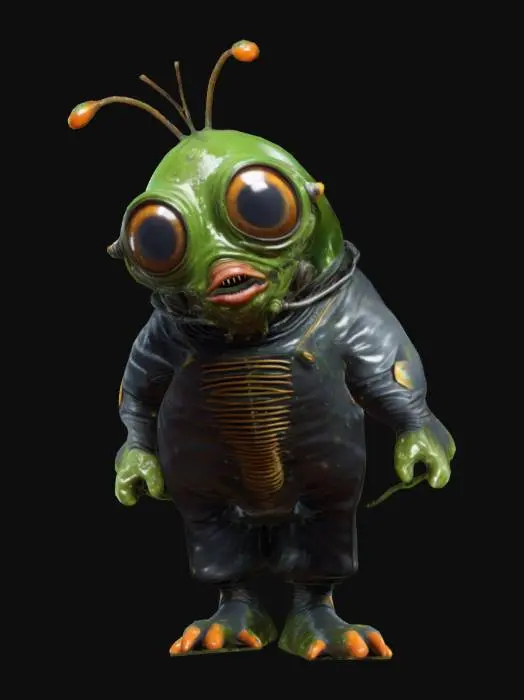 3D model for a slime-dripping human locust creature with huge eyes and mouth, wearing a retro-futuristic diving-suit in t-pose , game-character, high end , hyperrealistic, detailed